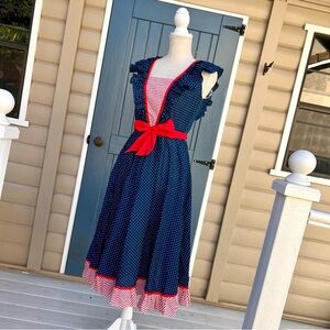 Vintage Jody California 70’s Navy Swiss Dot Sundress with Red Sash Women’s 9/10